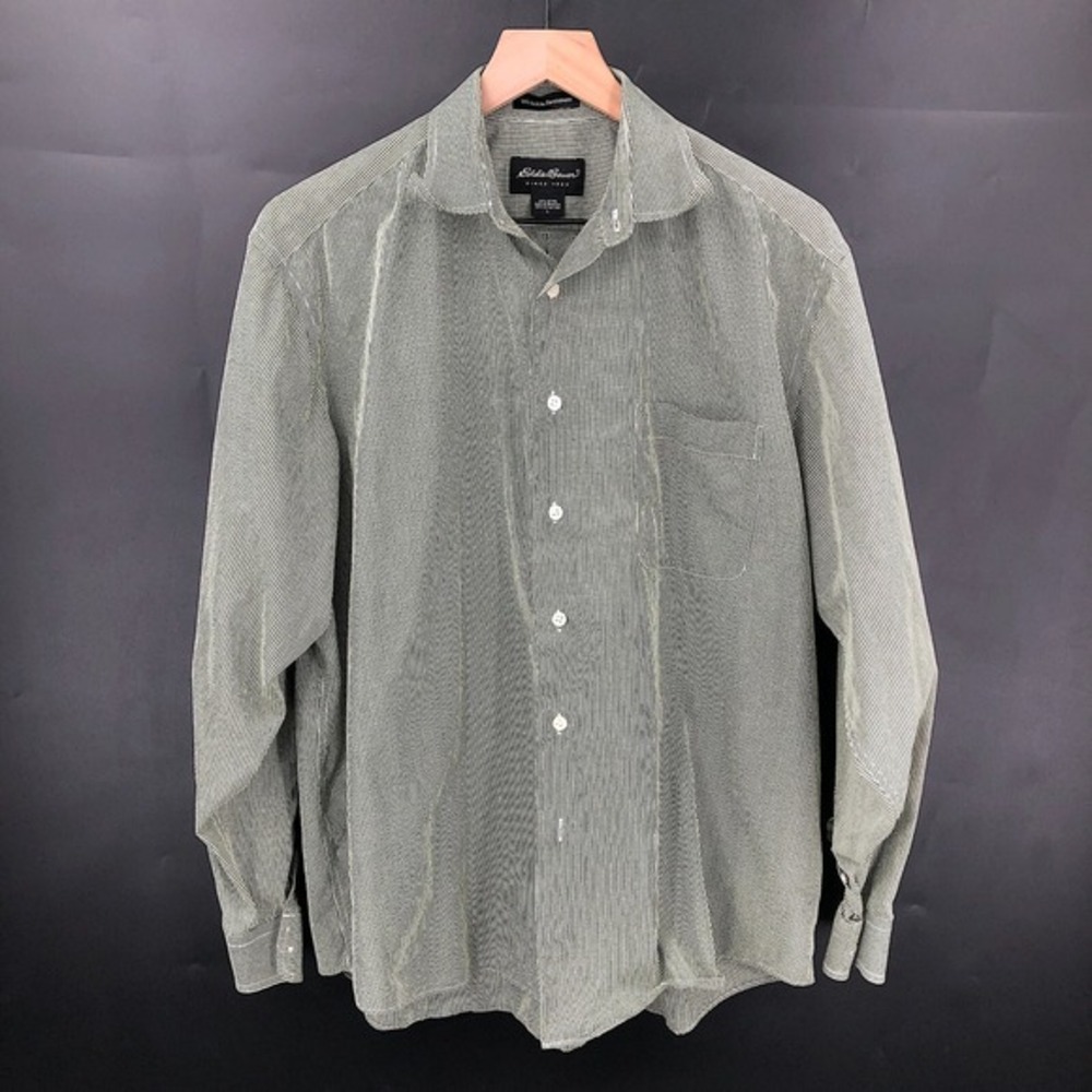 EDDIE BAUER Cotton Wrinkle-Resist Long-Sleeve Button-Front Shirt Green Check L